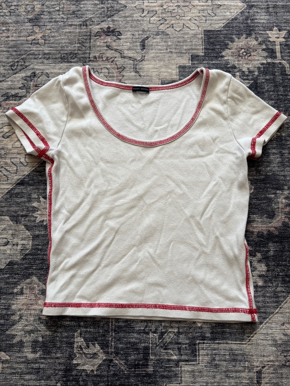 Brandy Melville White Scoop Short-Sleeve Tee with Red Contrast Trim